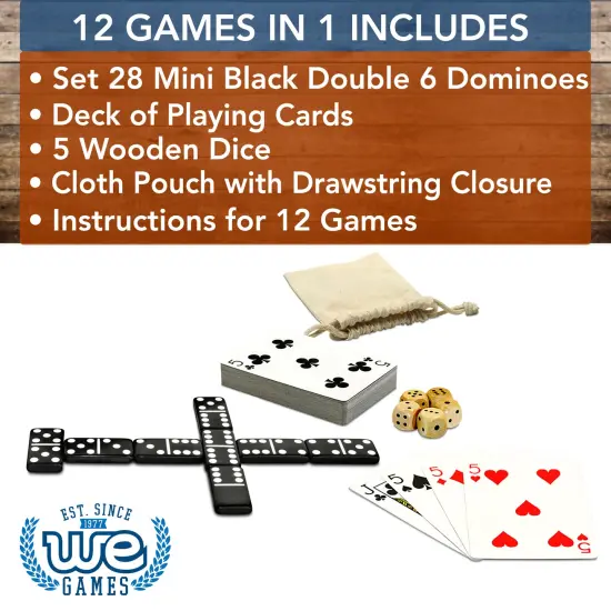 WE Games Mini Double 6 Dominoes, Dice and Card Travel Game {3}