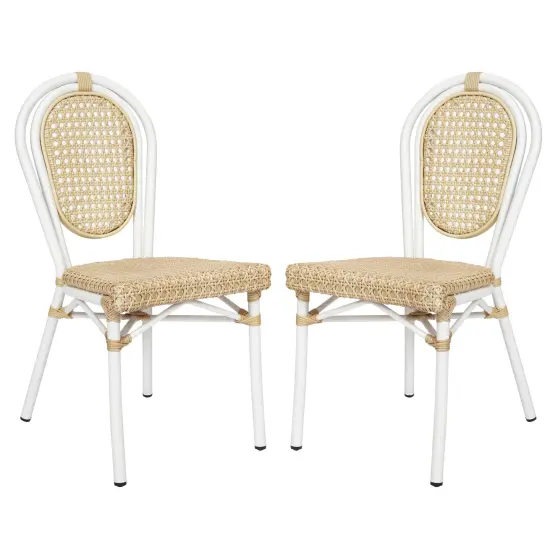 Merrick Lane Toulon Set of Two Stacking Thonet Bistro Style Chair, PE Cane Rattan Seat, and Metal Frame for Indoor/Outdoor Use Natural/White Frame {2}