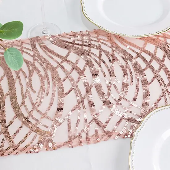 12x108 in Mesh Wavy Embroidered Sequins Table Runner White black {4}