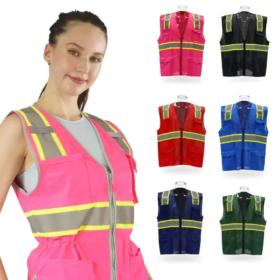 Multi Pocket High Visibility Reflective Safety Vest with Zipper Front 100% Polyester Pink {2}