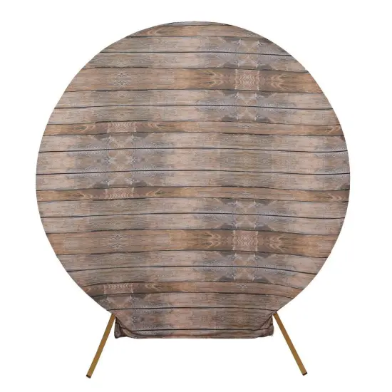 7.5 ft Brown Fitted Spandex Rustic Wood Design Round Backdrop Stand Cover {1}