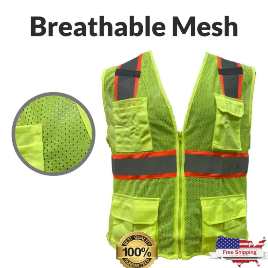 Multi Pocket High Visibility Reflective Safety Vest with Zipper Front 100% Polyester Red {7}