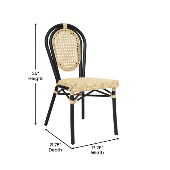 Merrick Lane Toulon Stacking Thonet Bistro Style Chair, PE Cane Rattan Seat, and Metal Frame for Indoor/Outdoor Use Natural/Black Frame {5}
