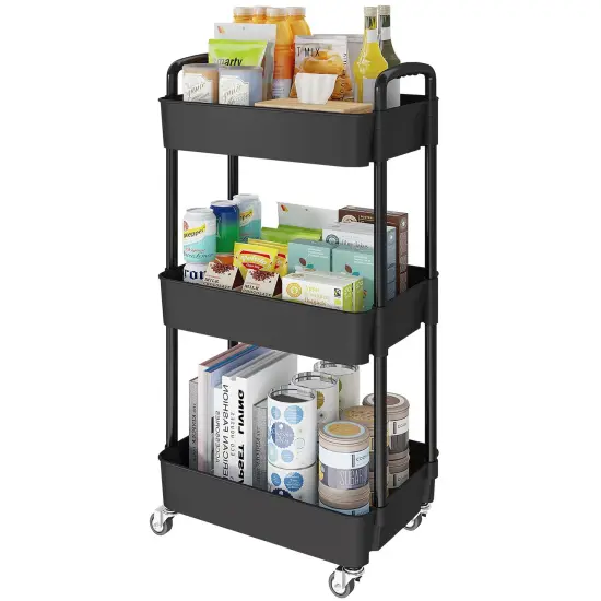 3-Tier Kitchen Storage Cart,Multifunction Utility Rolling Storage Organizer,Mobile Shelving Unit Cart with Lockable Wheels for Bathroom,Laundry,Living Room,With Classified Stickers,Black {2}
