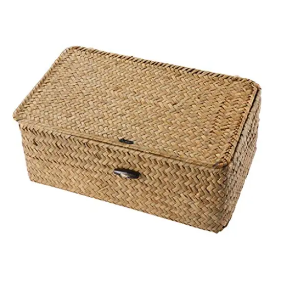 1 Basket with Lids: Seagrass Storage Woven Basket Straw Desktop Rattan 9 inch Hand- Woven Storage Basket Bins Container Organizer for Shelf Desktop Home Decor {2}