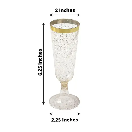 12 Clear 6 oz Glittered Plastic Champagne Glasses with Gold Trim for Events {2}