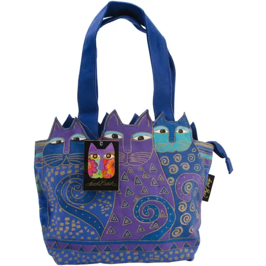 Laurel Burch Medium Tote Zipper Top 12"X3.5"X8.5"-Tres Gatos - Blue & Gold {1}