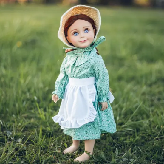 The Queen's Treasures 18 Inch Green Calico Prairie Dress, Apron, and Bonnet {1}