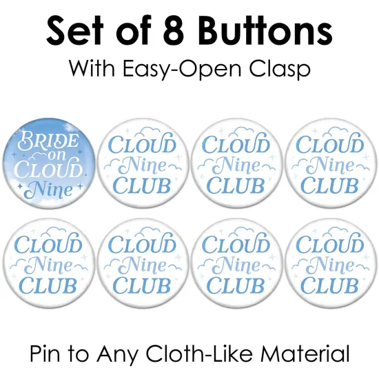 Big Dot of Happiness On Cloud 9 - 3 inch Bridal or Bachelorette Party Badge - Pinback Buttons - Set of 8 {6}