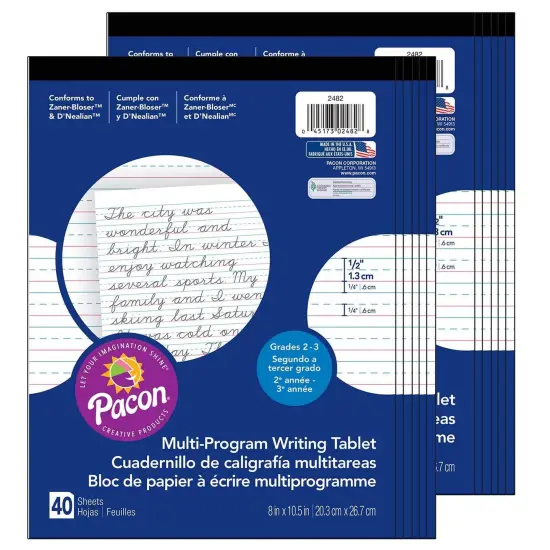 Multi-Program Handwriting Tablet, D'Nealian/Zaner-Bloser, 1/2" x 1/4" x 1/4" Ruled Short, 8" x 10-1/2", 40 Sheets, Pack of 12 {1}