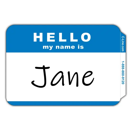 Pressure Sensitive Badges, Hello my name is, Blue, 3-1/2" x 2-1/4", 100 Per Pack, 5 Packs {3}