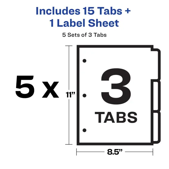 Avery 3-Tab Dividers for 3 Ring Binder, Easy Print & Apply Clear Label Strip, Index Maker Customizable White Tabs, 5 Sets (11435) {6}