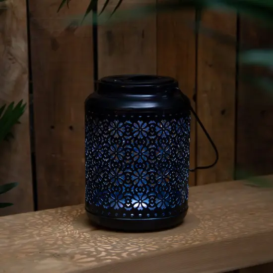 Northlight 7" Black Integrated Floral LED Solar Outdoor Lantern with Handle {3}