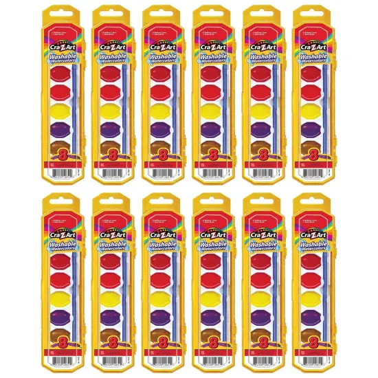 Washable Watercolors with Brush, Peggable Tray, 8 Colors Per Set, 12 Sets {1}