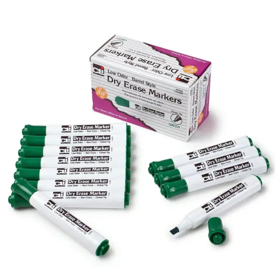 Dry Erase Markers, Barrel Style, Chisel Tip, Green, 12 Per Box, 3 Boxes {1}