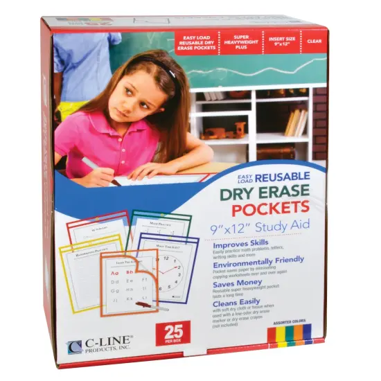 Super Heavyweight Plus Reusable Dry Erase Pockets - Study Aid, Assorted Primary Colors, 9 x 12, Box of 25 {2}