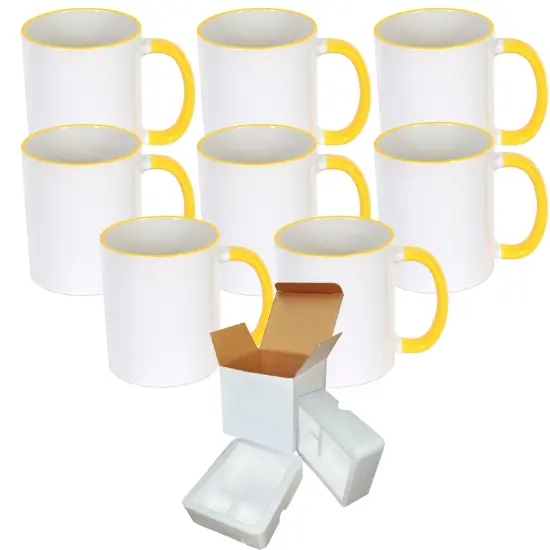 8 Pcs Yellow Sublimation 11oz Rim Handle Mugs With Foam Support Boxes {1}
