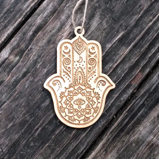 Ornament - Hamsa Hand - Raw Wood 4x3in {4}