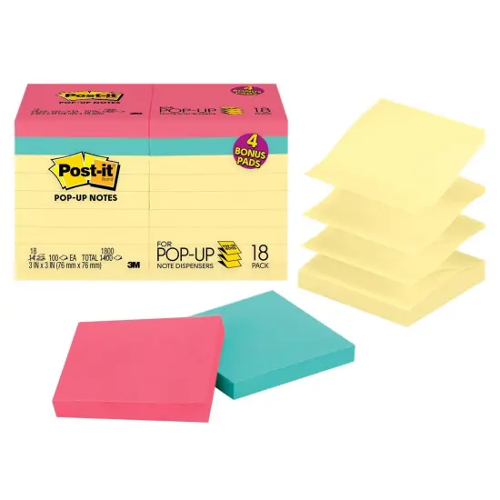 Dispenser Pop-up Notes Value Pack, 3 in x 3 in, Canary Yellow + Assorted, 14 Pads/Pack {1}