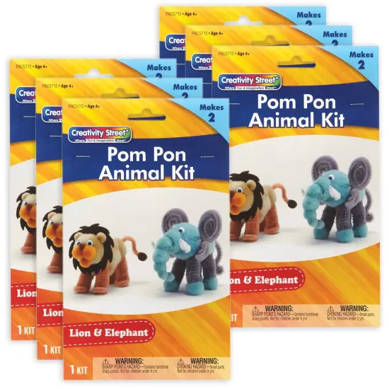 Pom Pon Animal Kit, Lion & Elephant, Assorted Sizes, 2 Animals Per Kit, 6 Kits {1}