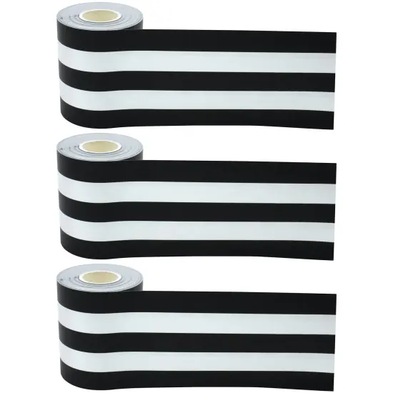 Black & White Stripes Straight Rolled Border Trim, 50 Feet Per Roll, Pack of 3 {1}