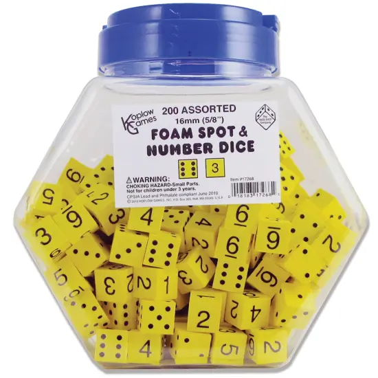 Foam Spot & Number Dice, Yellow, 16mm, Tub of 200 {1}