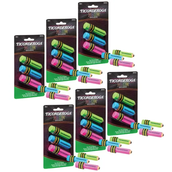 Pencil Shaped Neon Erasers, 3 Per Pack, 6 Packs {1}