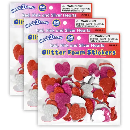 Glitter Foam Stickers - Hearts - Red, Pink and Silver - 168 Per Pack - 3 Packs {1}