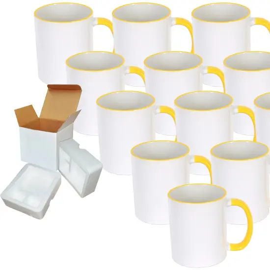 12 Pcs 11OZ Yellow Rim & Handle Sublimation Mugs With Foam Support Boxes {1}