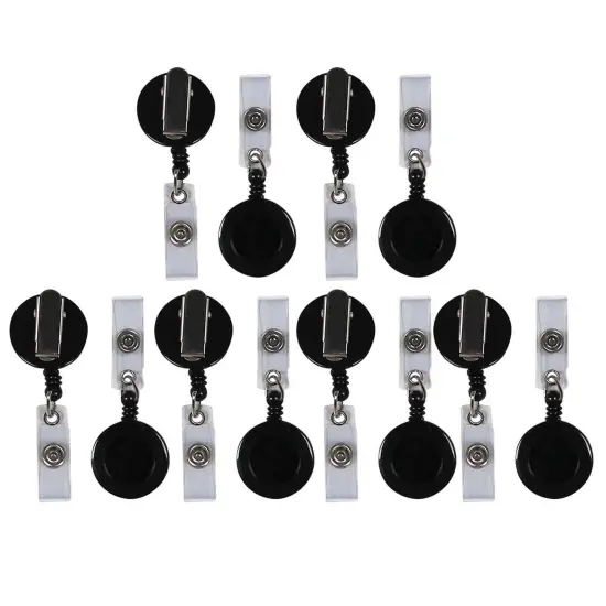 Retracting ID Card Reels, Black, Swiveling Spring Clip with Snap-on ID Strap, Pack of 12 {1}