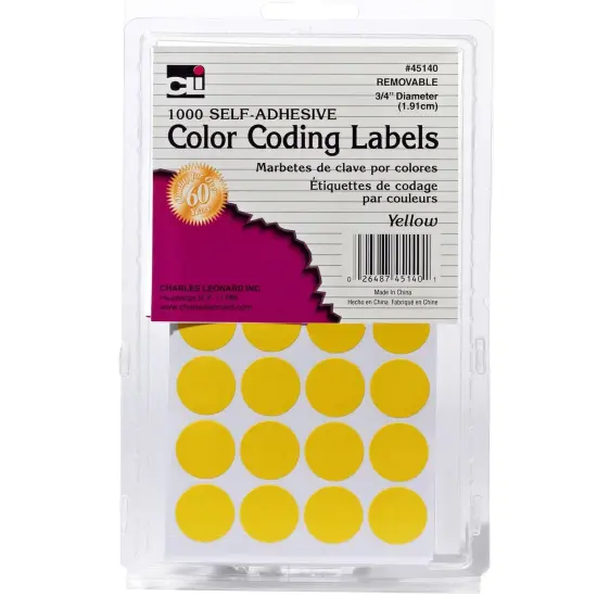 Color Coding Labels, 3/4", Yellow, 1000 Per Pack, 12 Packs {2}