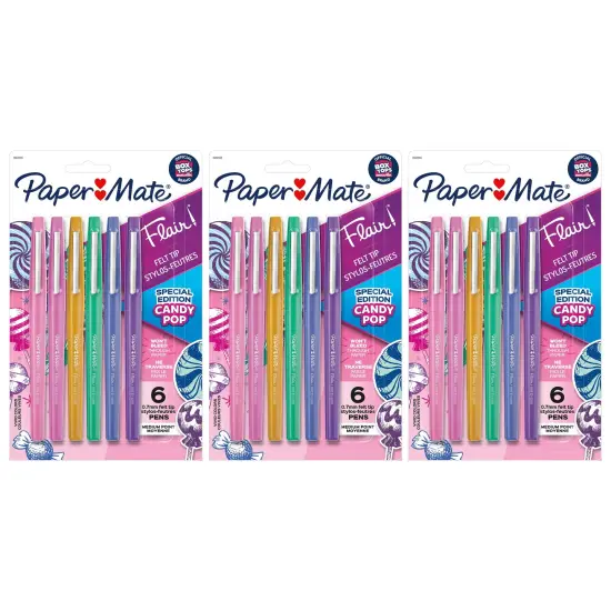 Flair Felt Tip Pens, Medium Point (0.7mm), Candy Pop Pack, 6 Per Pack, 3 Packs {1}