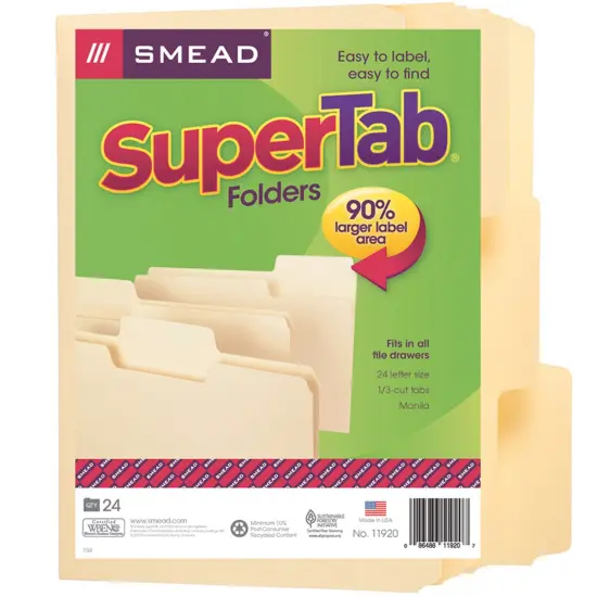 SuperTab&reg; File Folder, Oversized 1/3-Cut Tab, Letter Size, Manila, 24 Per Pack, 2 Packs {1}