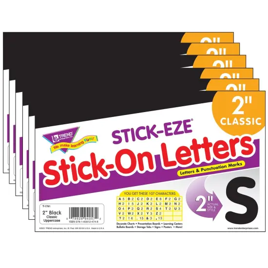 Black 2" STICK-EZE&reg; Stick-On Letters, 107 Pieces Per Pack, 6 Packs {1}