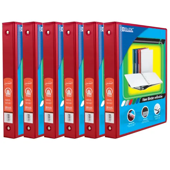 3-Ring View Binder with 2 Pockets, 1", Red, Pack of 6 {1}