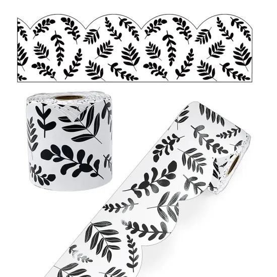 White with Black Leaves Rolled Scalloped Borders, 65 Feet Per Roll, Pack of 3 {2}