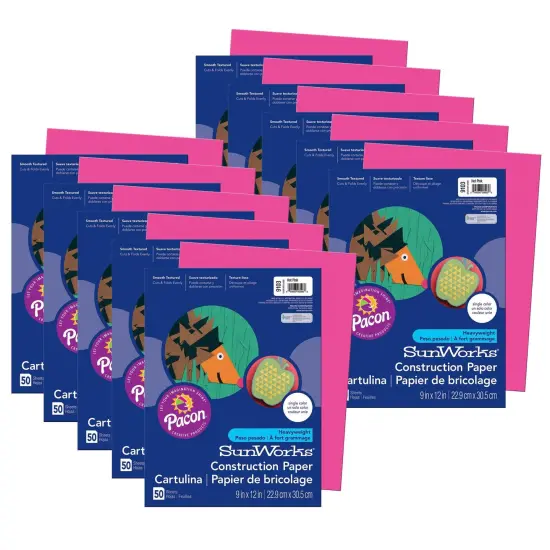 Construction Paper, Hot Pink, 9" x 12", 50 Sheets Per Pack, 10 Packs {1}