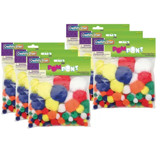 Pom Pons, Bright Hues, Assorted Sizes, 100 Per Pack, 6 Packs {1}