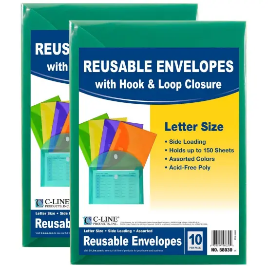 XL Reusable Envelopes, Hook and Loop Closure, 8 1/2 x 11, Assorted Colors, 10 Per Pack, 2 Packs {1}