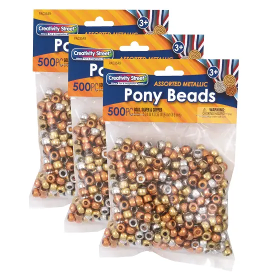 Pony Beads, Gold, Silver & Copper, 6 mm x 9 mm, 500 Per Pack, 3 Packs {1}