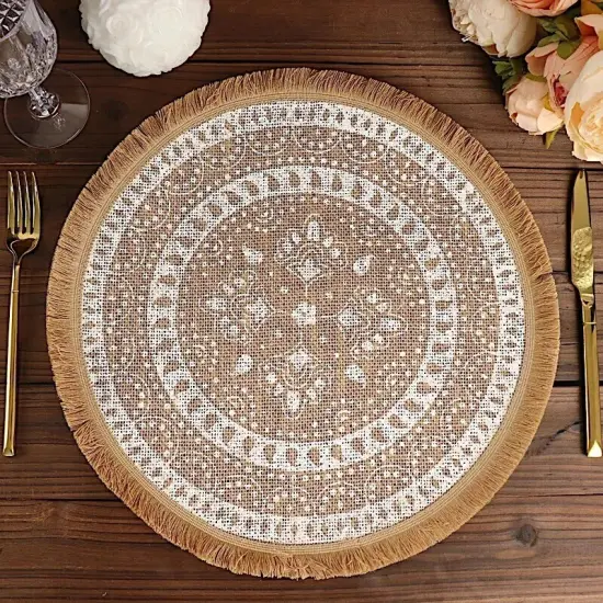 NATURAL WHITE 4 Round 15" Woven Burlap PLACEMATS Print Fringe Rim {2}