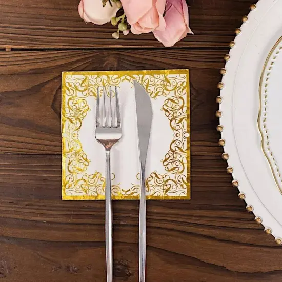 WHITE 20 Soft 3 Ply Paper Disposable Dinner NAPKINS GOLD Lace Design {2}