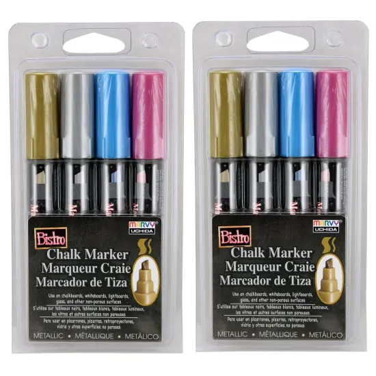 Bistro Chalk Markers, Chisel Tip, Silver, Gold, Blue, Red, 4 Per Pack, 2 Packs {1}