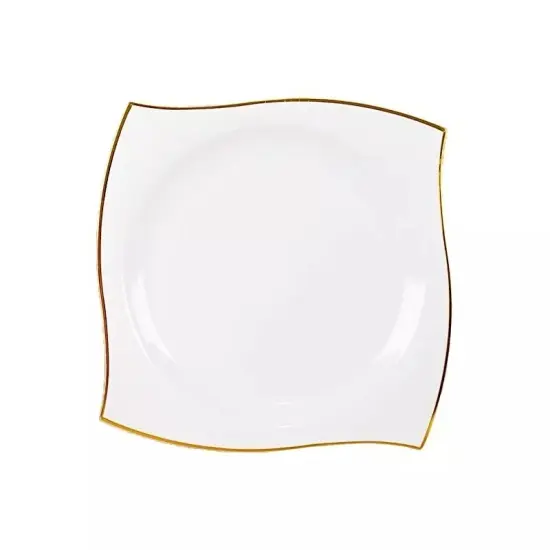 WHITE 10 Square 10" Plastic Salad PLATES Wavy Gold Rim {1}