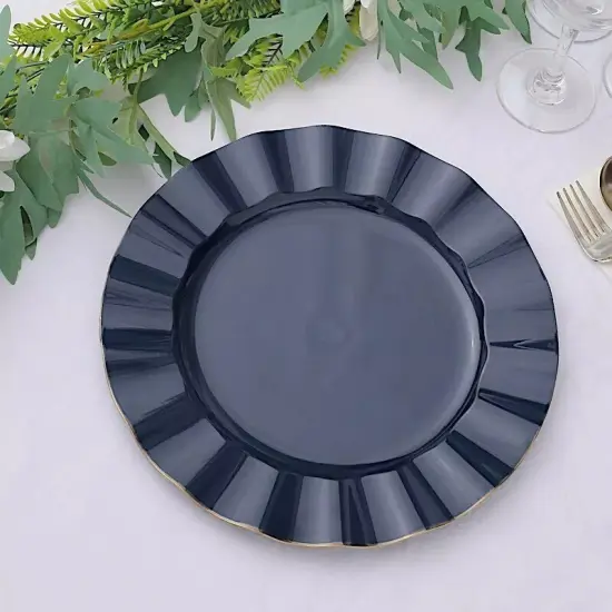 10 NAVY BLUE 11" Round PLASTIC Salad Dinner PLATES Gold Wavy Rim {5}