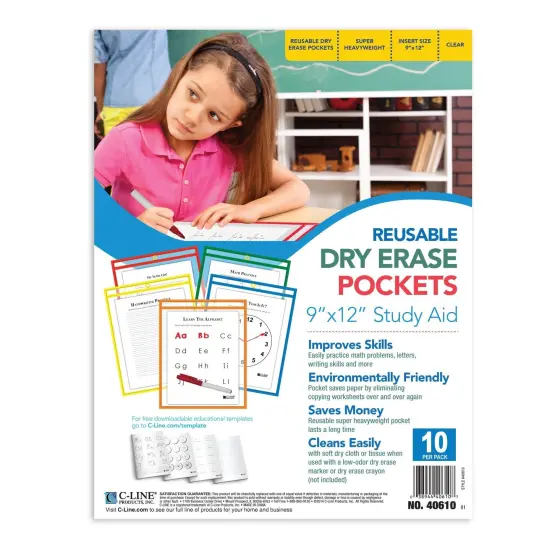 Reusable Dry Erase Pockets, Primary Colors, 9 x 12, Pack of 10 {4}
