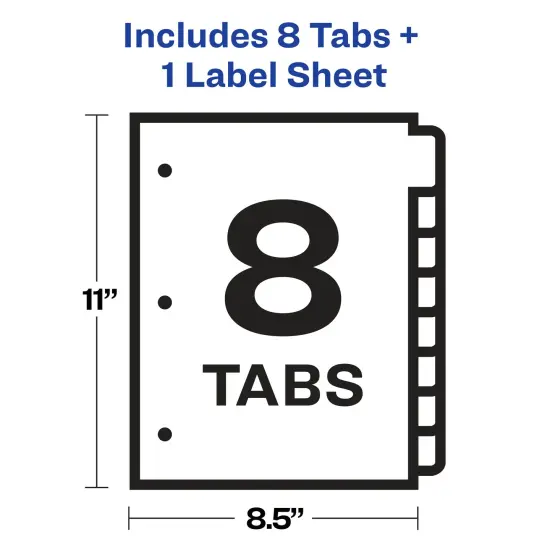 Avery 8 Big Tab Dividers for 3 Ring Binder, Easy Print & Apply Clear Label Strip, Index Maker Customizable White Tabs, 1 Set (11491) {6}