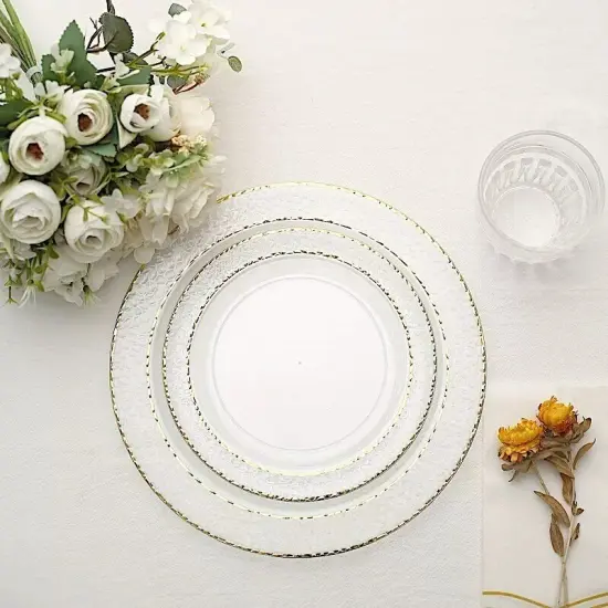 30 CLEAR 7.5" Round Salad PLATES Hammered GOLD Trim {3}