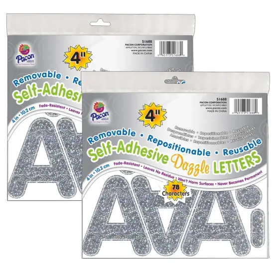 Self-Adhesive Letters, Silver Dazzle, Puffy Font, 4", 78 Per Pack, 2 Packs {1}