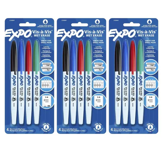 Vis-&agrave;-Vis Wet Erase Marker Set, Fine Tip, 4 Colors Per Pack, 3 Packs {1}